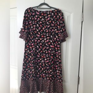 TALBOTS Women’s Black Pink Floral Short Sleeves Ruffle Hemline Midi Dress Sz 14